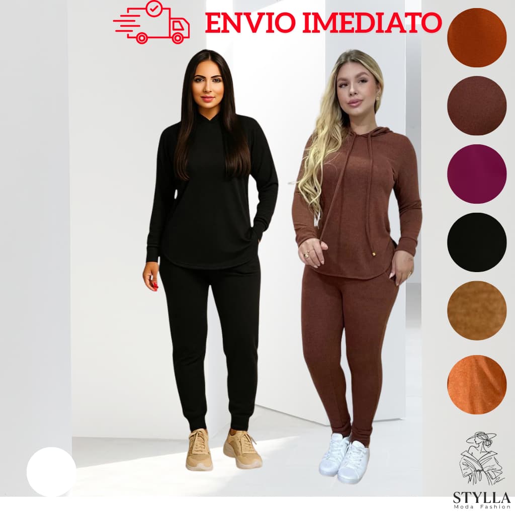Conjunto Feminino de Frio Lanzinha 2 Peças Calça Jogger Blusa com Capuz Outono Inverno 2025 Moda Feminina Plus M ao G2