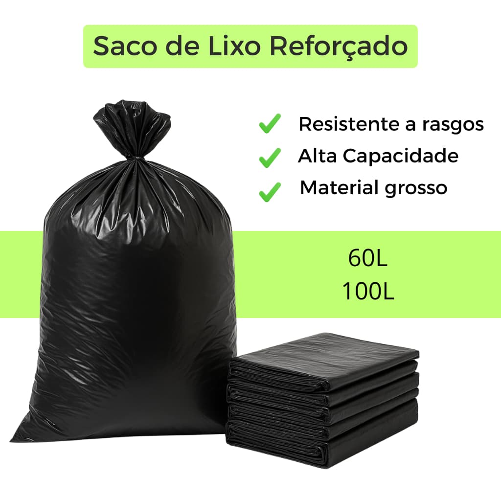 Saco de Lixo Reforçado 60L 100L Lixeiras Cozinha Banheiro Condominio Domestico Comercial Resistente