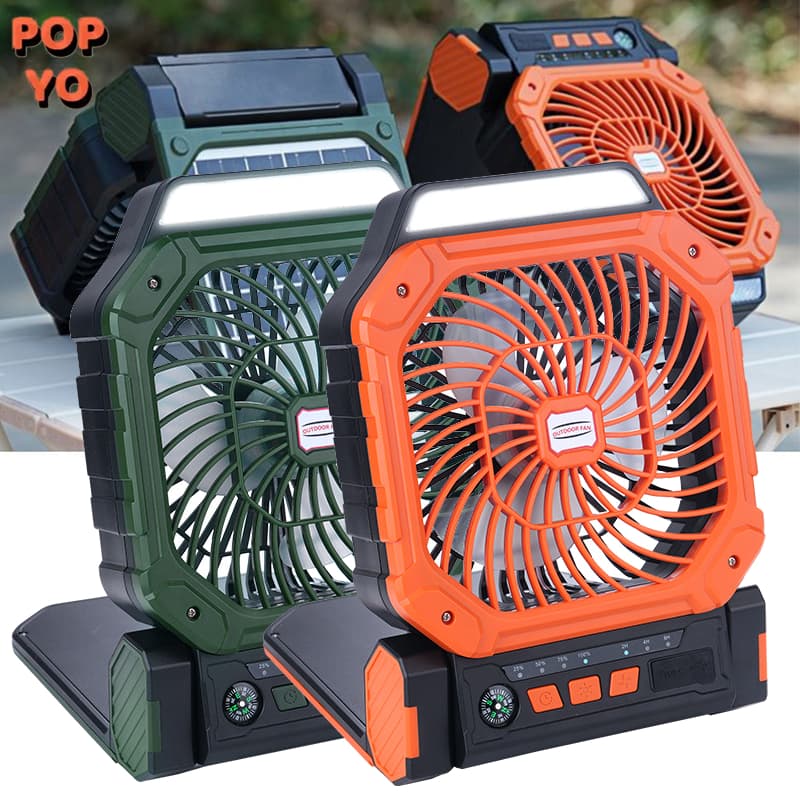 Ventilador Portátil Recarregável com Luz LED e Carregamento Solar | Ideal para Viagem, Camping e Área Externa