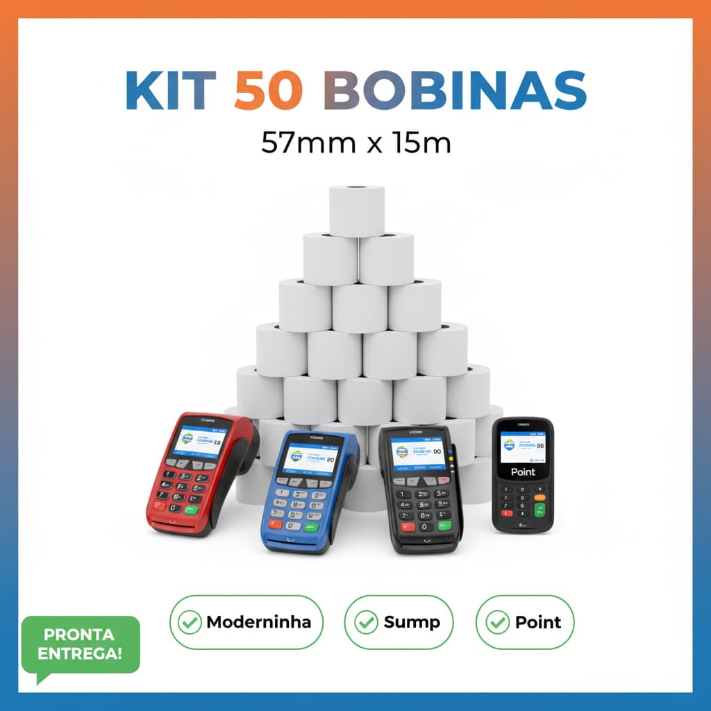 Kit 50 Bobinas Térmicas 57mm por 15metros SUPER ATACADO p/ Moderninha Cielo SumUp