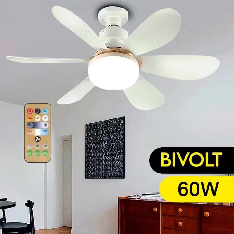 Ventilador de Teto com Lampada LED Integrada Bocal E27 6 Pétalas 60w 3 Velocidades C Controle Remoto