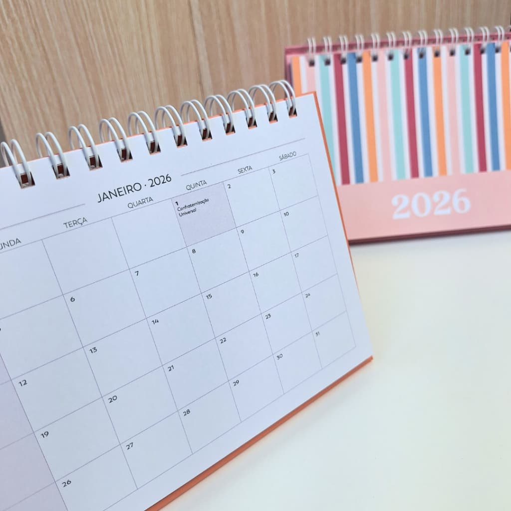 Calendário de Mesa 2026 | Tamanho A5 (15x21cm) | Datado, espaço para Planejamento Mensal e Checklist