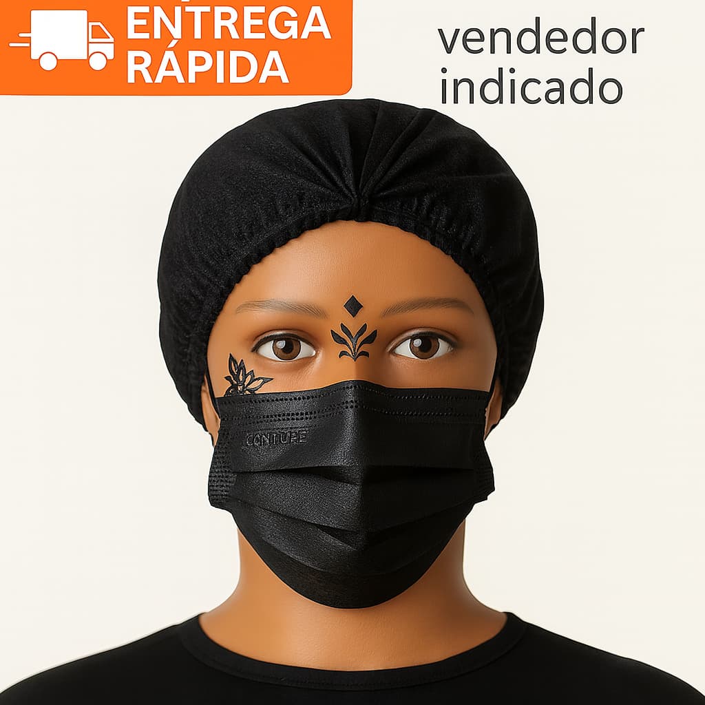 Kit 50 Toucas Pretas + 50 Máscaras Pretas | TNT Premium | Profissional | Tattoo | Estética | Envio Rápido