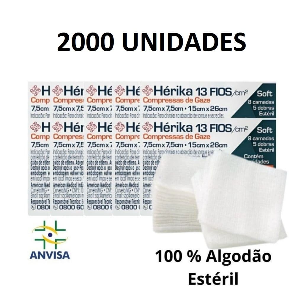 Kit 2000un Compressa Gaze Estéril Hidrófila Cirúrgica Para Curativo Feridas 13 Fios 7,5 x 7,5cm