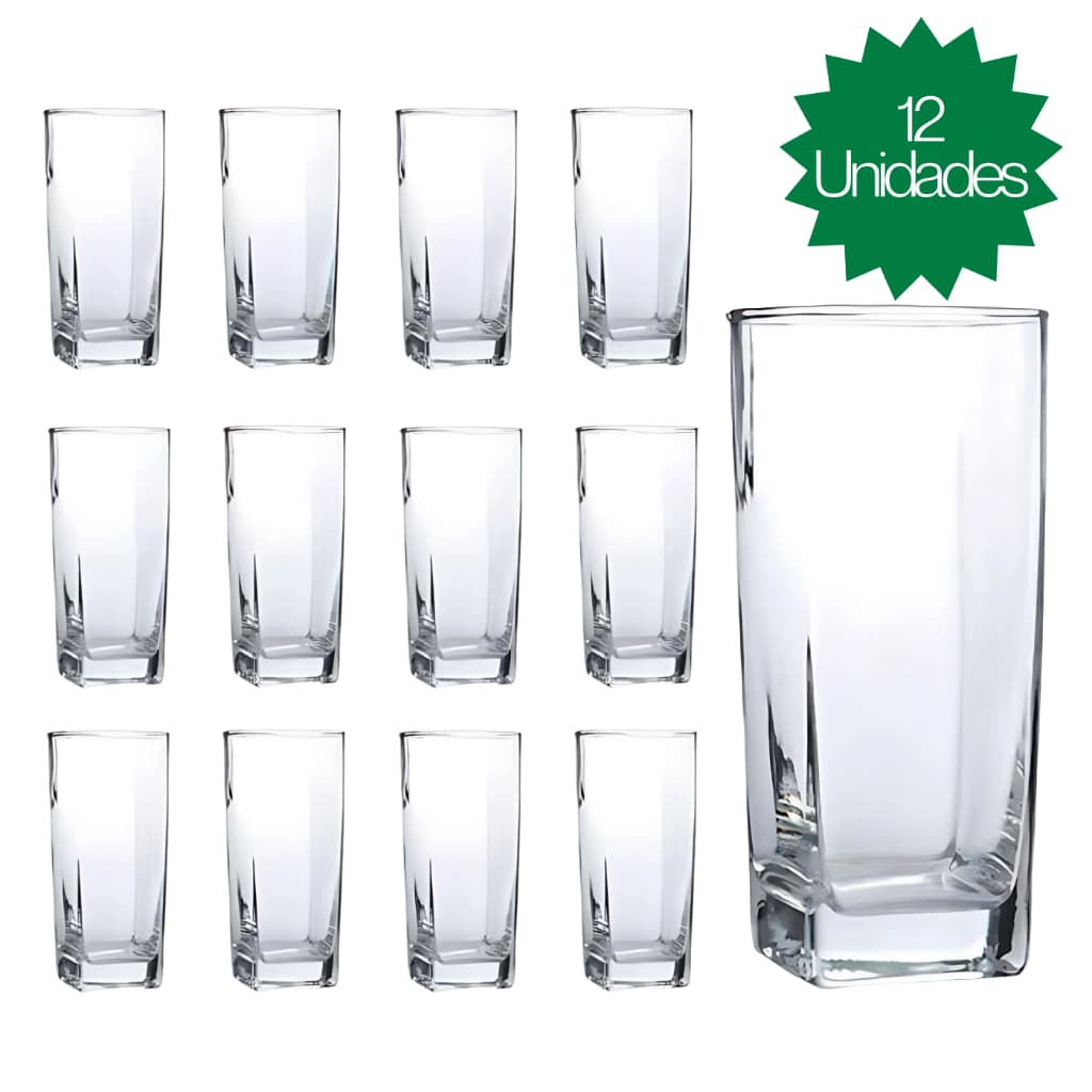 Jogo De 12 Copos 320ml Vidro Bali Quadrado Luxo Transparente