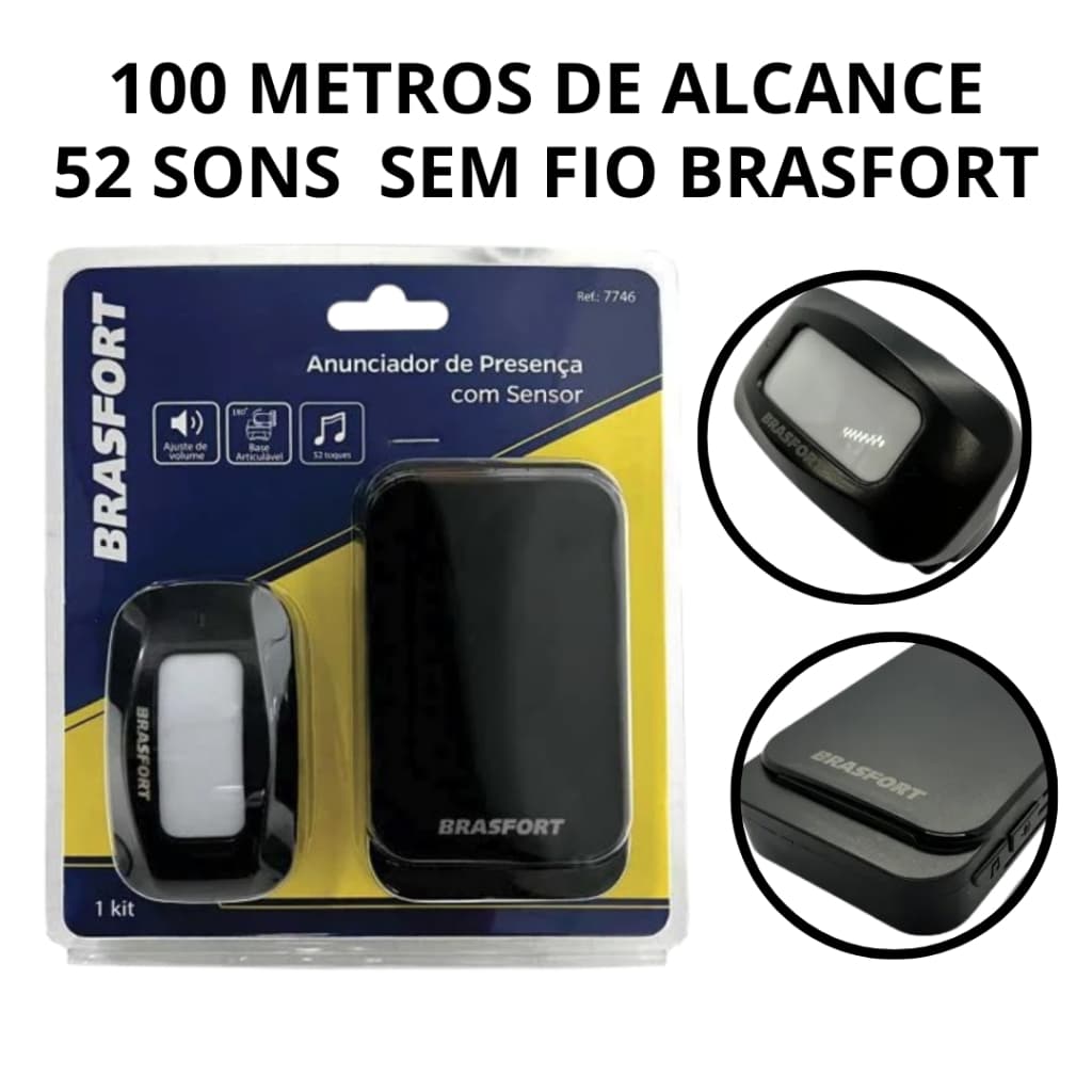 Sensor Anunciador de Presença 100m Brasfort • 52 Sons • Alarme Forte e Sem Fio
