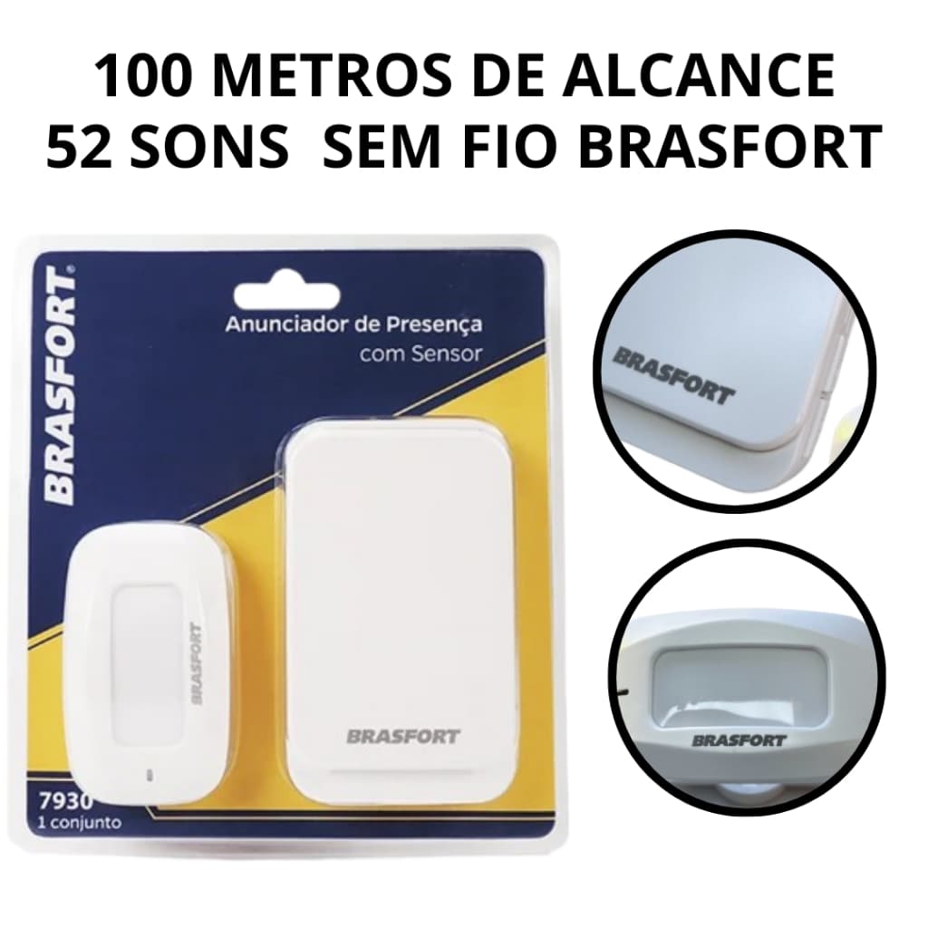 Sensor Anunciador de Movimento com Alerta Sonoro 52 Tons 100 Metros de Alcance Branco Brasfort