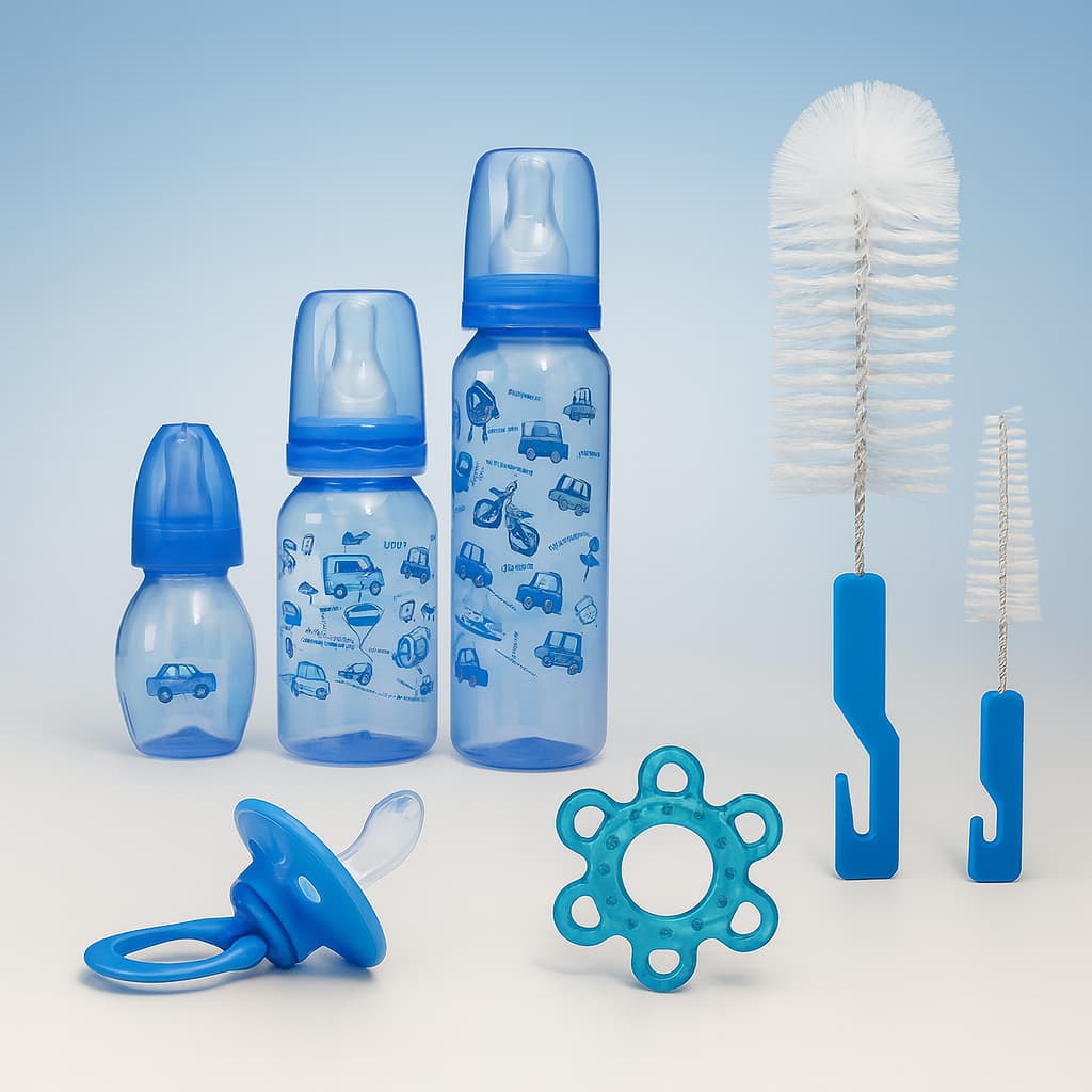 Kit 7 Peças Para Bebê 3 Mamadeiras +Kit Esc Lava Mam + Mordedor + Chupeta bico Orto