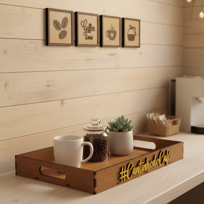 Bandeja Cantinho Do Café Com 4 Quadrinhos Placas Decorativas Enfeite Mesa Cozinha