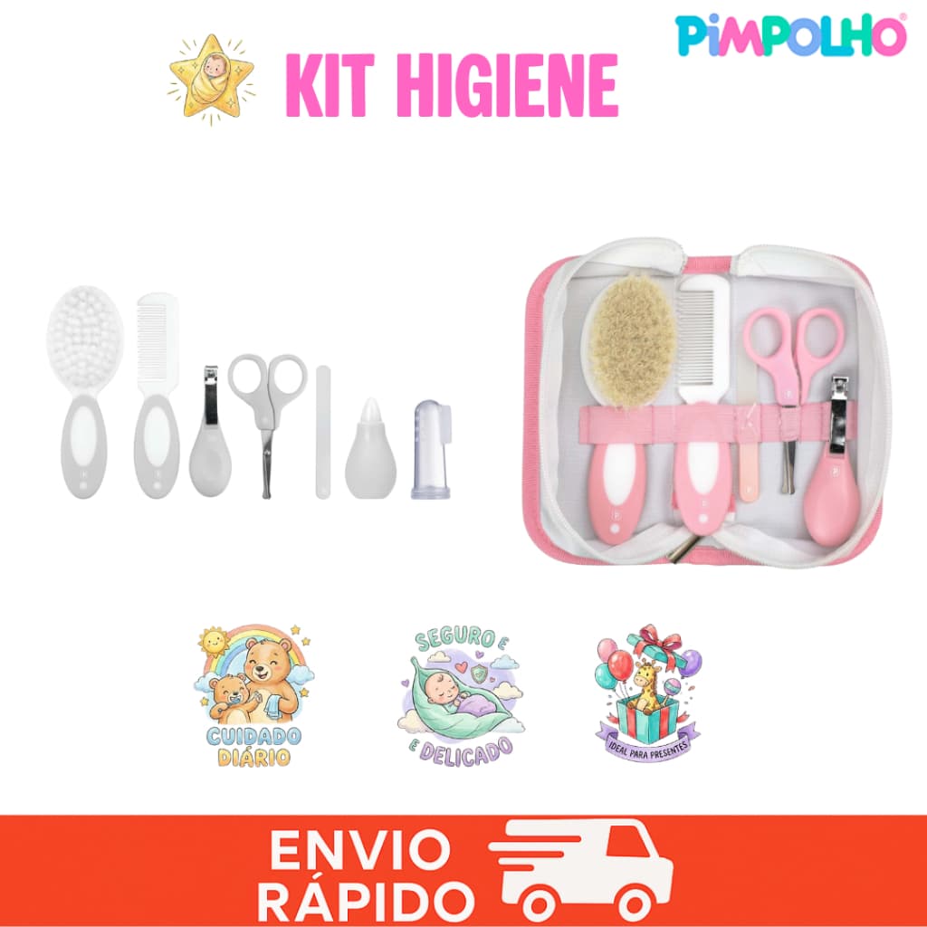 Kit Higiene Bebê Primeiros Cuidados Recém Nascido Até 7 Peças Necessaire Menino Menina Pimpolho