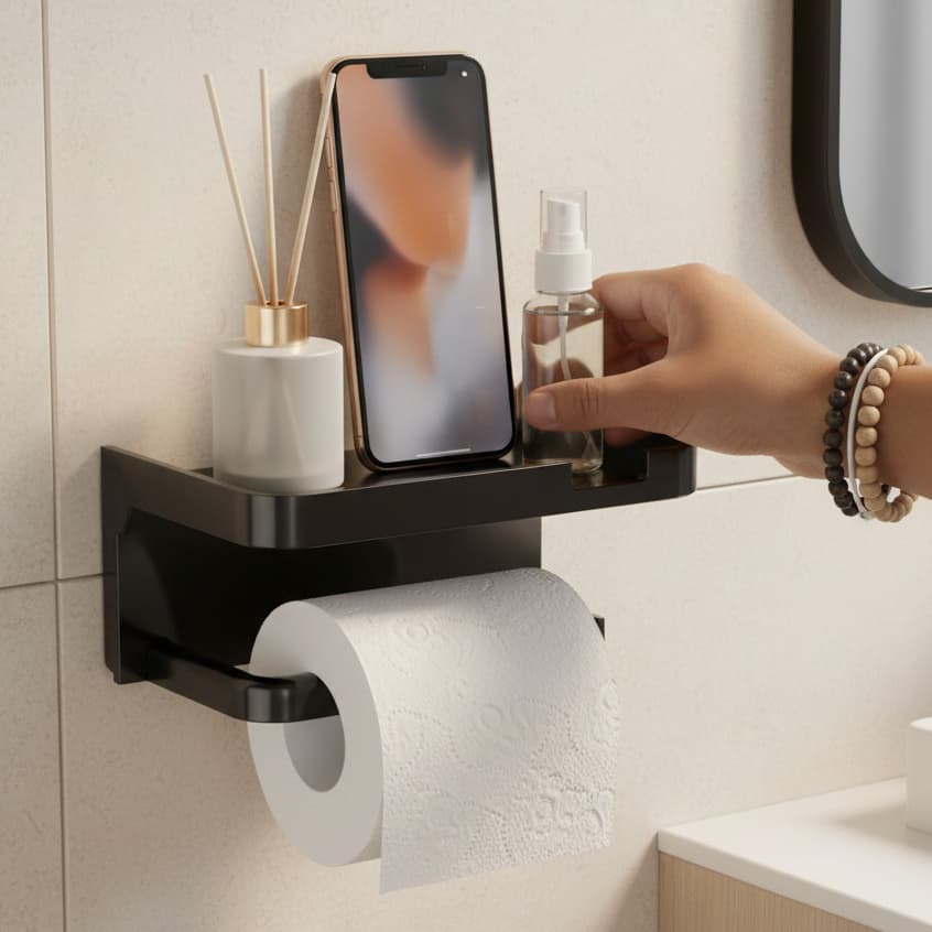 Suporte Porta Papel Higienico Preto e Suporte para Celular Com Adesivo Fixo na Parede Sem Furos
