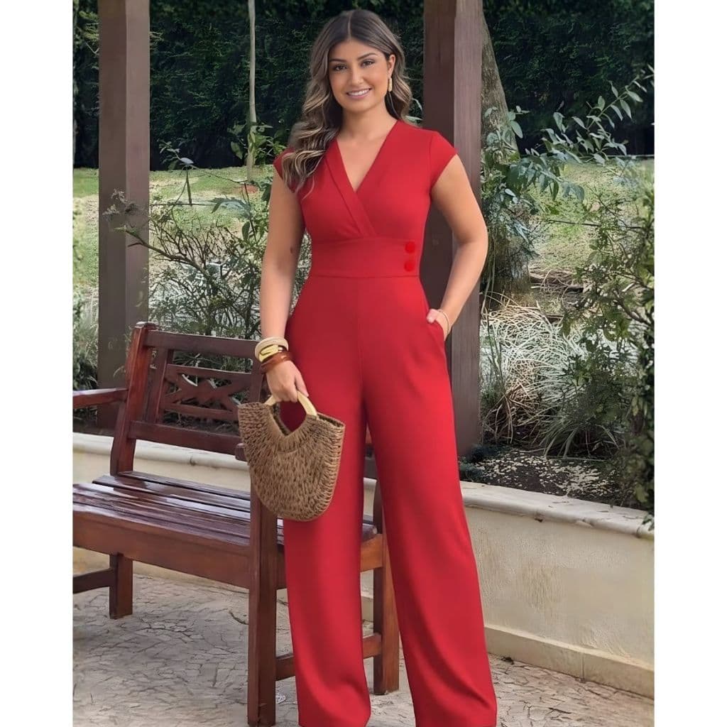 Macacão Longo Feminino Elegante Social Alfaiataria Decote V Manga Curta Com Bolso Festa Formatura