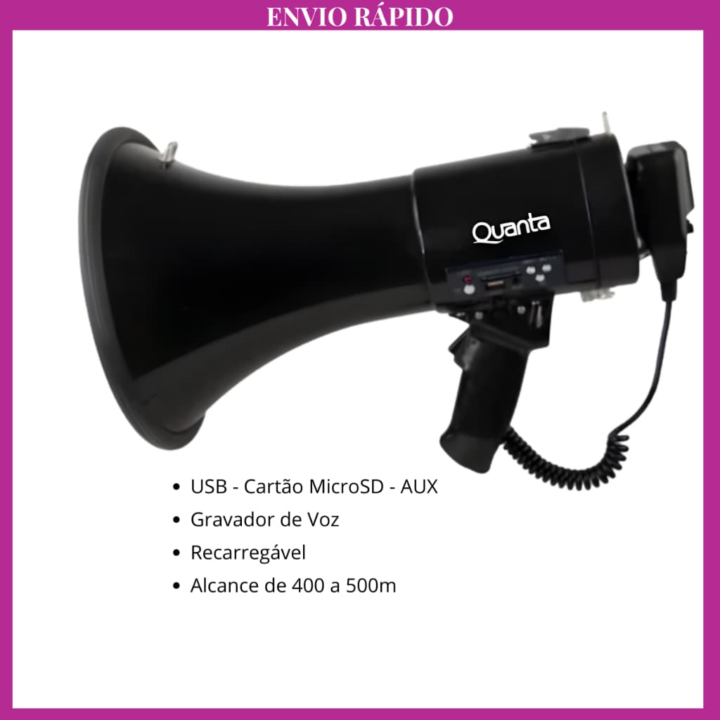 Megafone Quanta Profissional Potente 250W Com Gravador de Áudio USB SD AUX