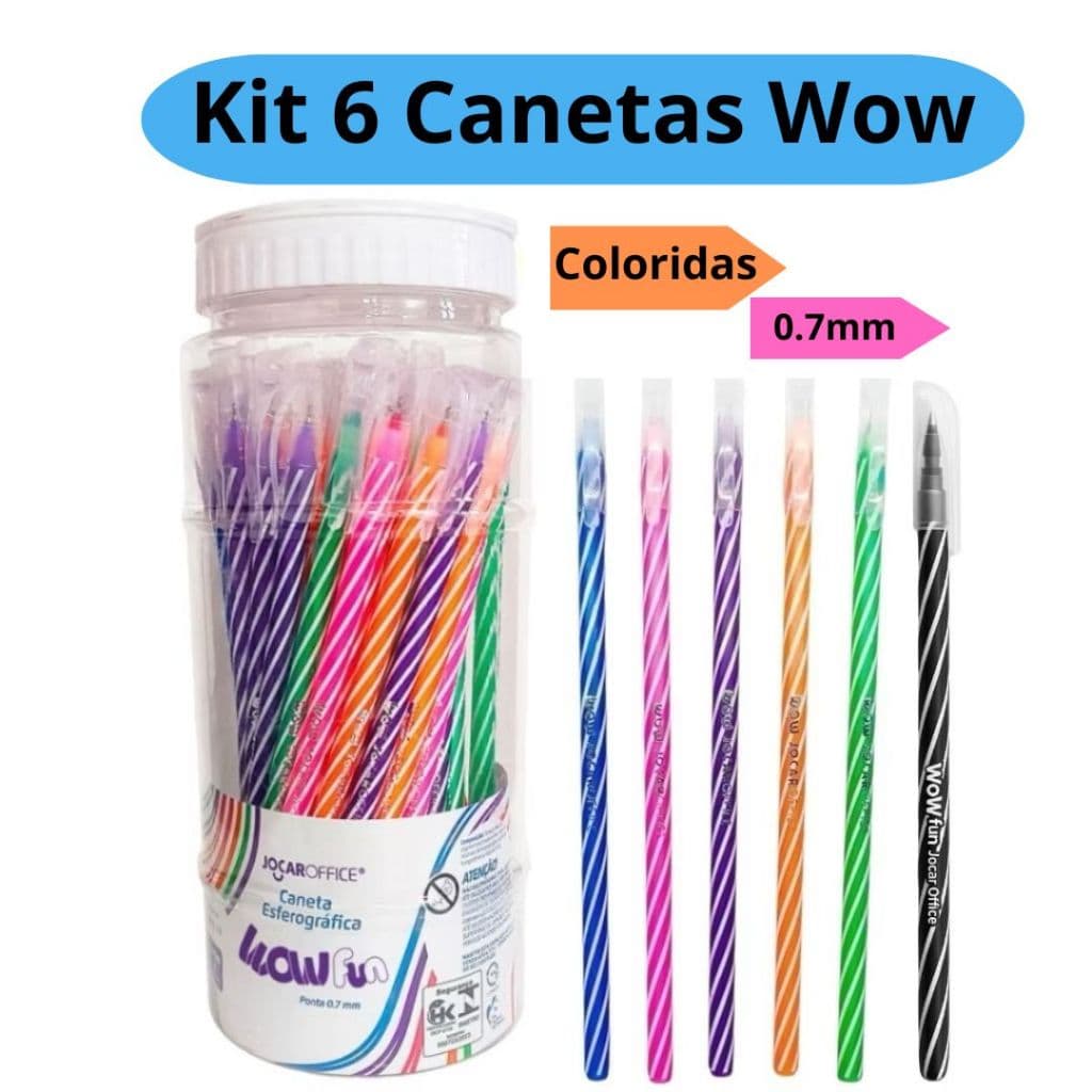 Kit 6 Canetas Esferográfica Wow 0.7 Coloridas + Preta Escolar Escritório