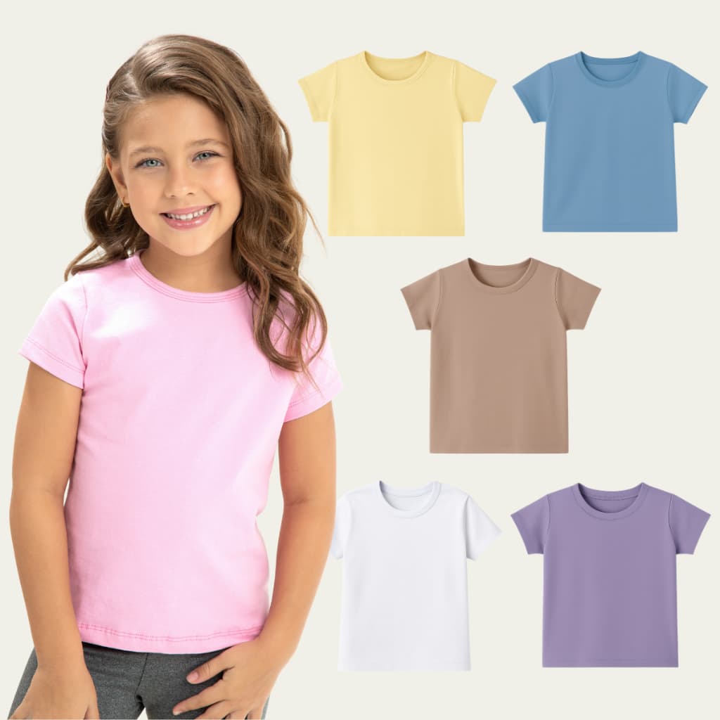 Blusa Candy Color Pastel Algodão Cotton Manga Curta Infantil Juvenil Básica Menina Tamanho 1 ao 16