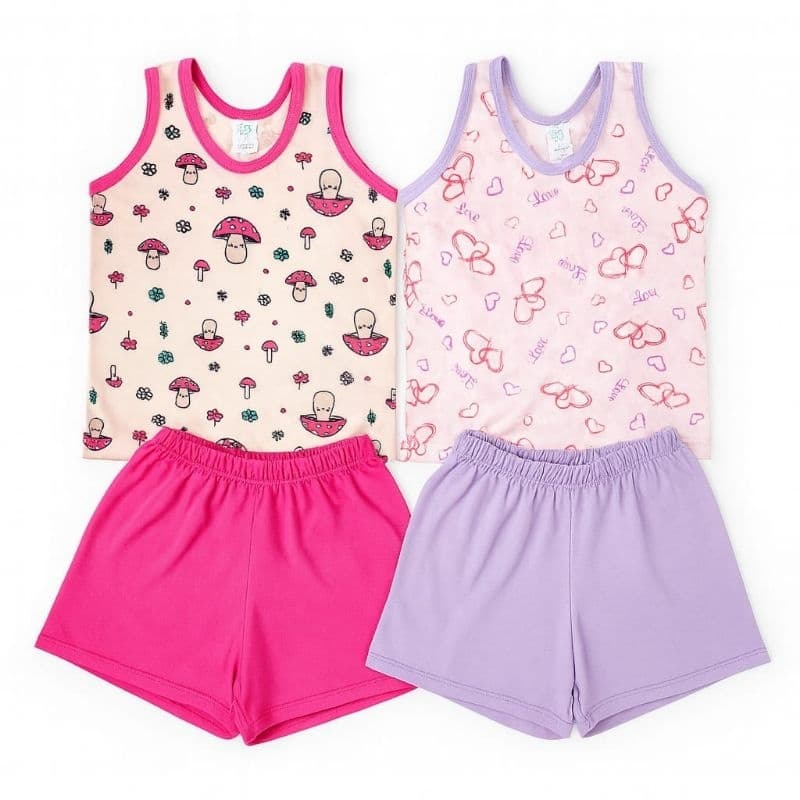 Kit 2 Conjuntos Menina com 2 Camisetas e 2 Shorts Infantil Baby Doll Até 4 anos
