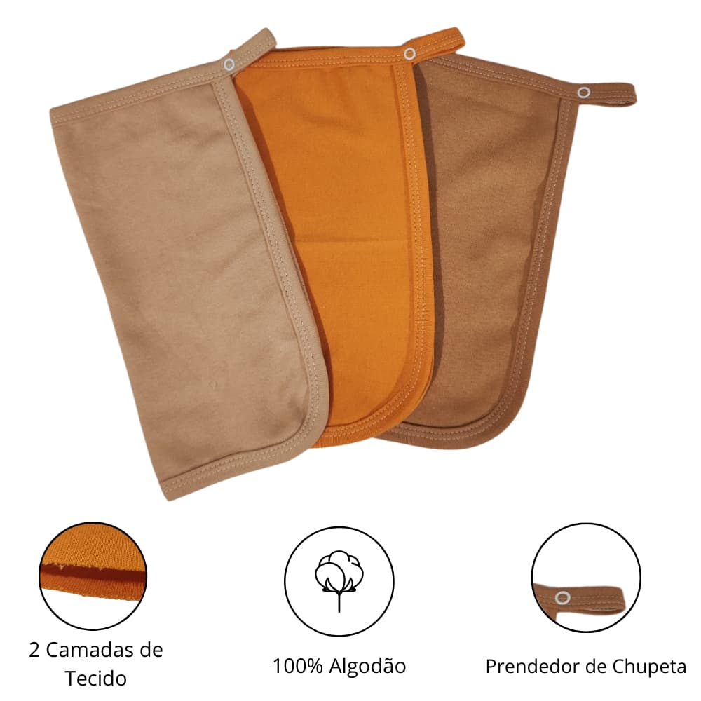 Kit Paninho de Boca Naninha Bebê Cor Lisa Neutra Com Prendedor De Chupeta 100% Algodão