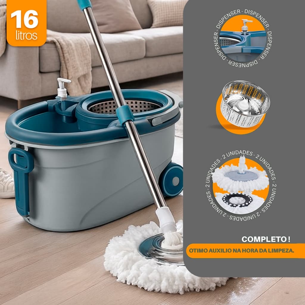 Mop 16 Litros Cabo 160 Cm + 2 Refis  Com Cesto Em Inox  + Dispenser  e Rodas - Azul