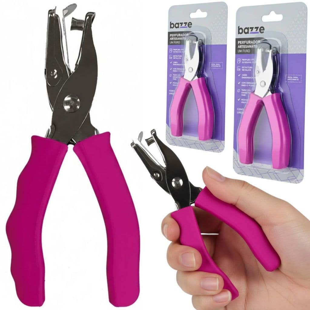 Kit 2 Perfurador Furador De Papel Alicate 1 Furo Em Metal Aço Resistente Profissional 6mm Cabo Emborrachado
