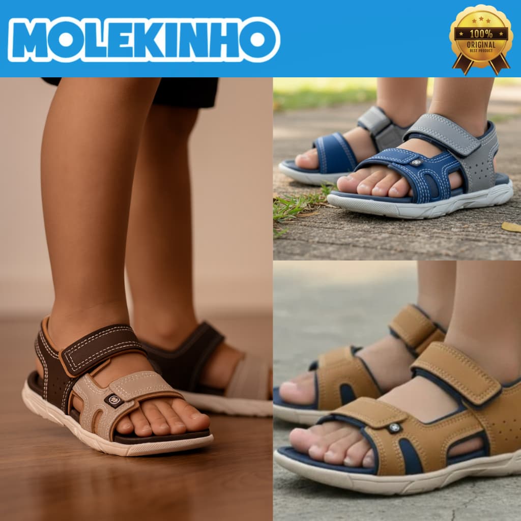 Sandália Papete Molekinho Casual Menino Confortável Napa Calce Fácil Velcro 2135137 Original