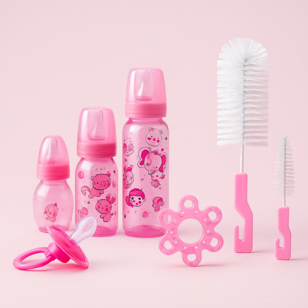 Kit 7 Peças Para Bebê 3 Mamadeiras +Kit Esc Lava Mam + Mordedor + Chupeta bico Orto Menina/Menino