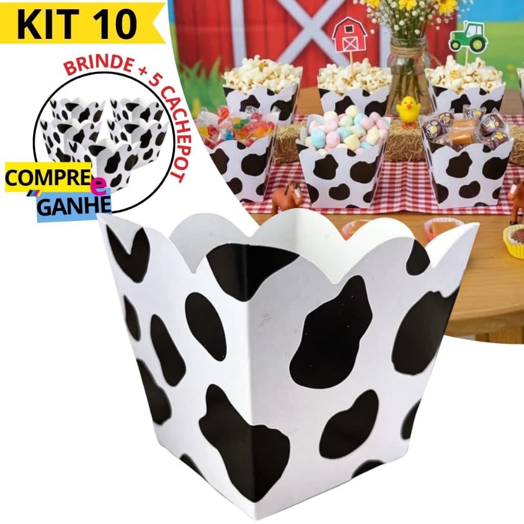 Kit 10 Cachepôs Fazendinha Vaquinha Papel Cartonado