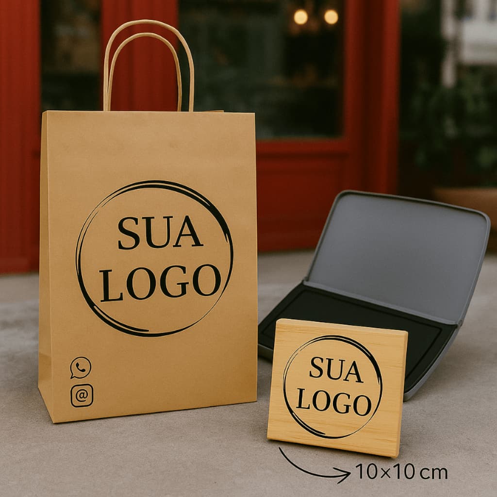 Carimbo Personalizado de Madeira 10x10cm + Almofada Entintada Para Sacola Kraft Delivery