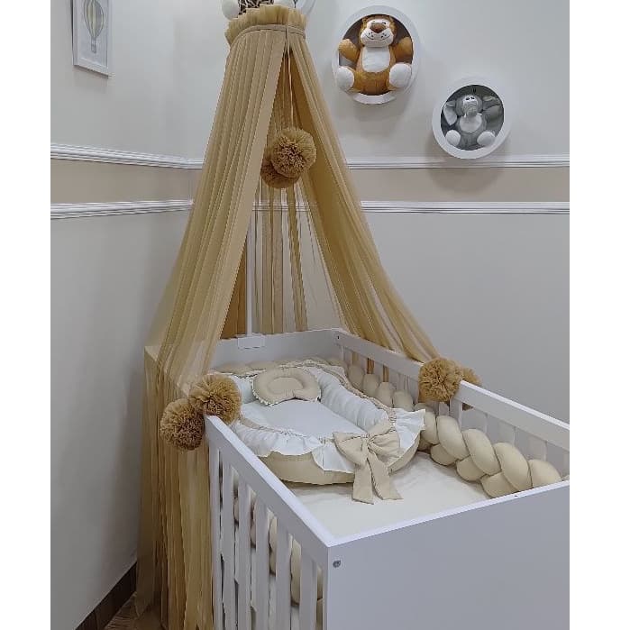 Mosquiteiro Com Suporte para Berço Portátil Adaptável Com Pompom Dossel Microtule