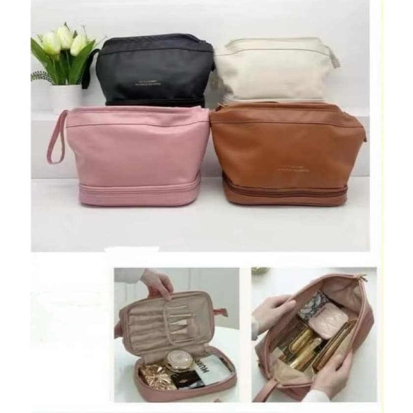 Bolsa Necessaire Couro Pu Para Cosméticos Com Dois Compartimentos Para Viagem