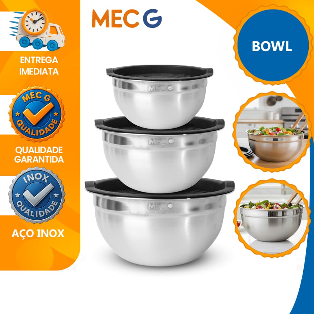 Kit de Tigelas em Aço Inox com Tampa Bowl, Bacia, Vasilha e Cumbuca em 3 Tamanhos Conjunto Saladeira