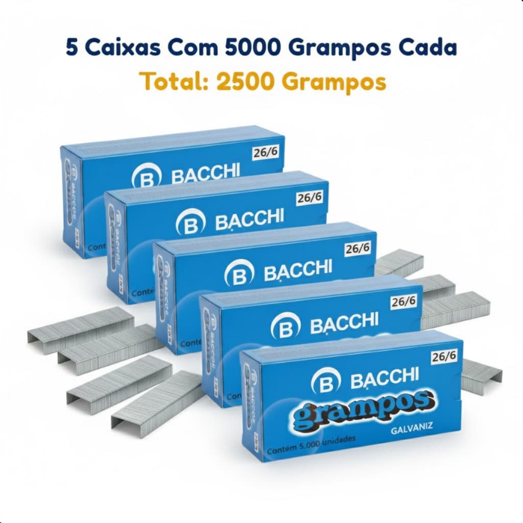 Grampo 26/6 Galvanizado 5 Caixas Com 5000 Grampos - Bacchi Ideal para Escritório Papelaria