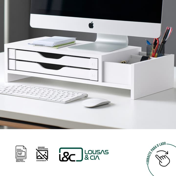 Suporte Base Monitor Mesa Ergonômico 2 Gavetas + 3 Nichos Home Office Organização