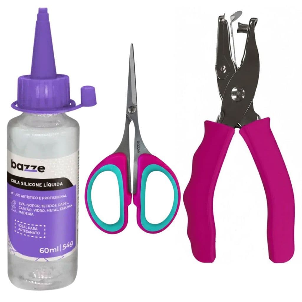 Artesanato Completo Com Alicate Furador Perfurador De Papel Cola Do Artesão Silicone + Tesoura De Precisão