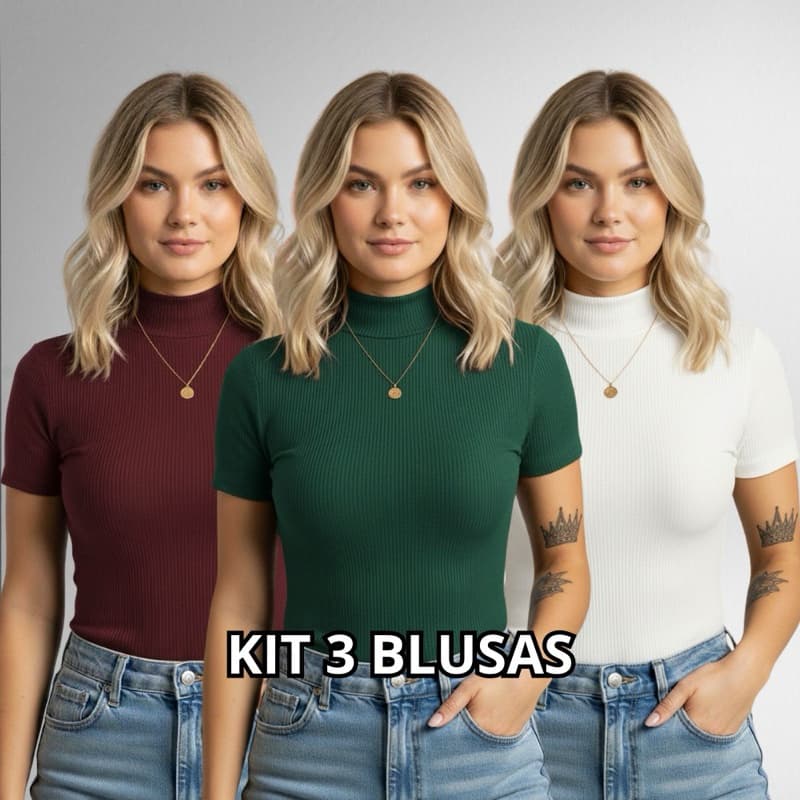 Kit 3 Blusa Canelada Feminina Gola Alta Manga Curta Modinha
