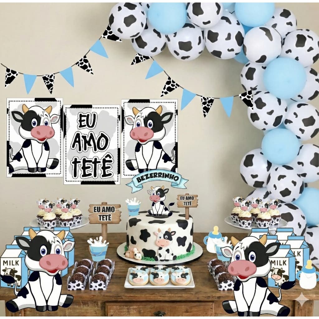 Kit festa + balões vaquinha menino mesvesario vaca Bezerrinho amo tete é só um bolinho na mesa