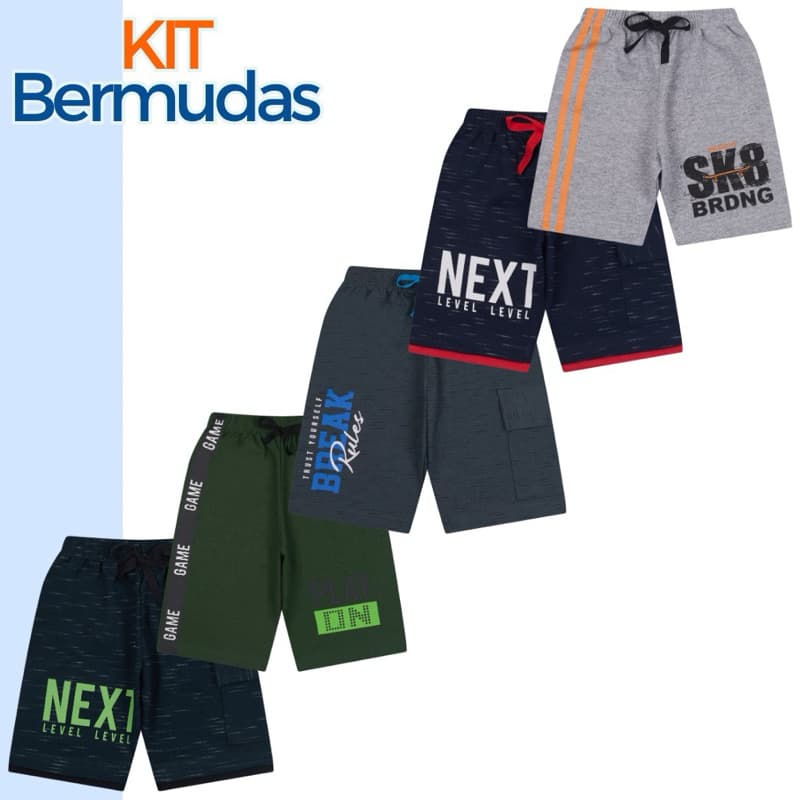 Kit 3 ou 5 Peças Bermudas Moletom Infantil e Juvenil Sortidas