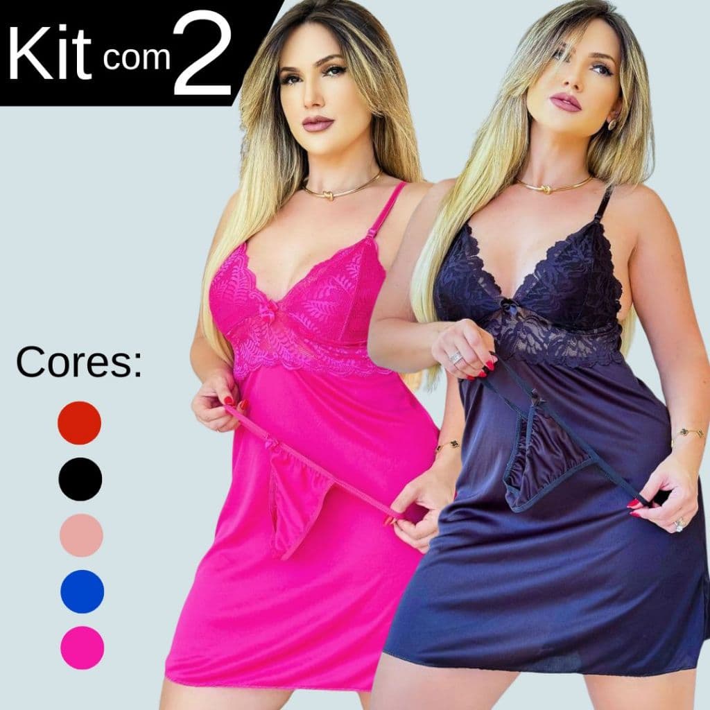 Kit Com 2 Camisola Com Renda E Calcinha Fio Dental Baby Doll Sensual Pijama Feminino Promoção Unítario e Kits