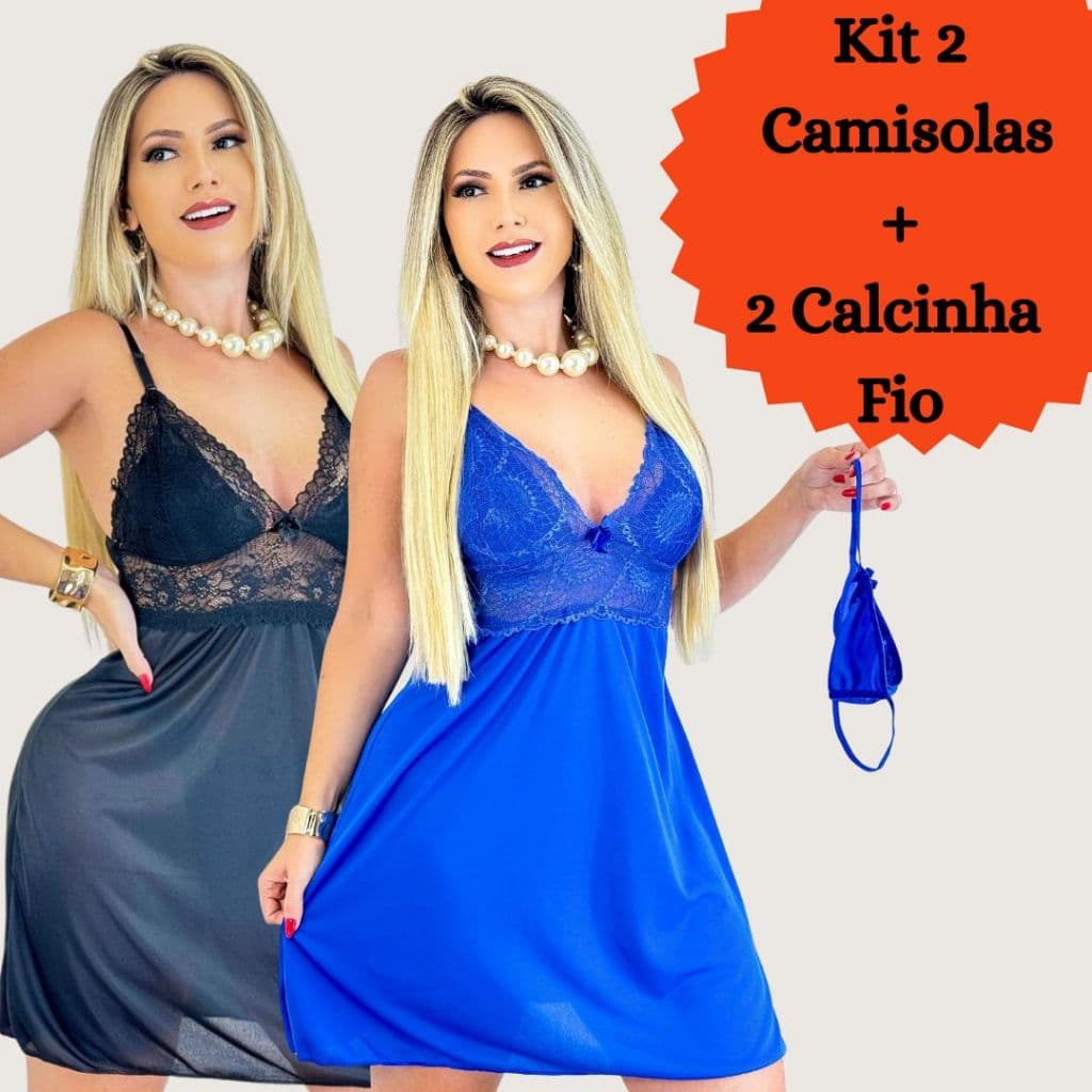 Kit 2 Camisola Feminina – Baby Doll com Renda e Fio Dental, Lingerie para Noite
