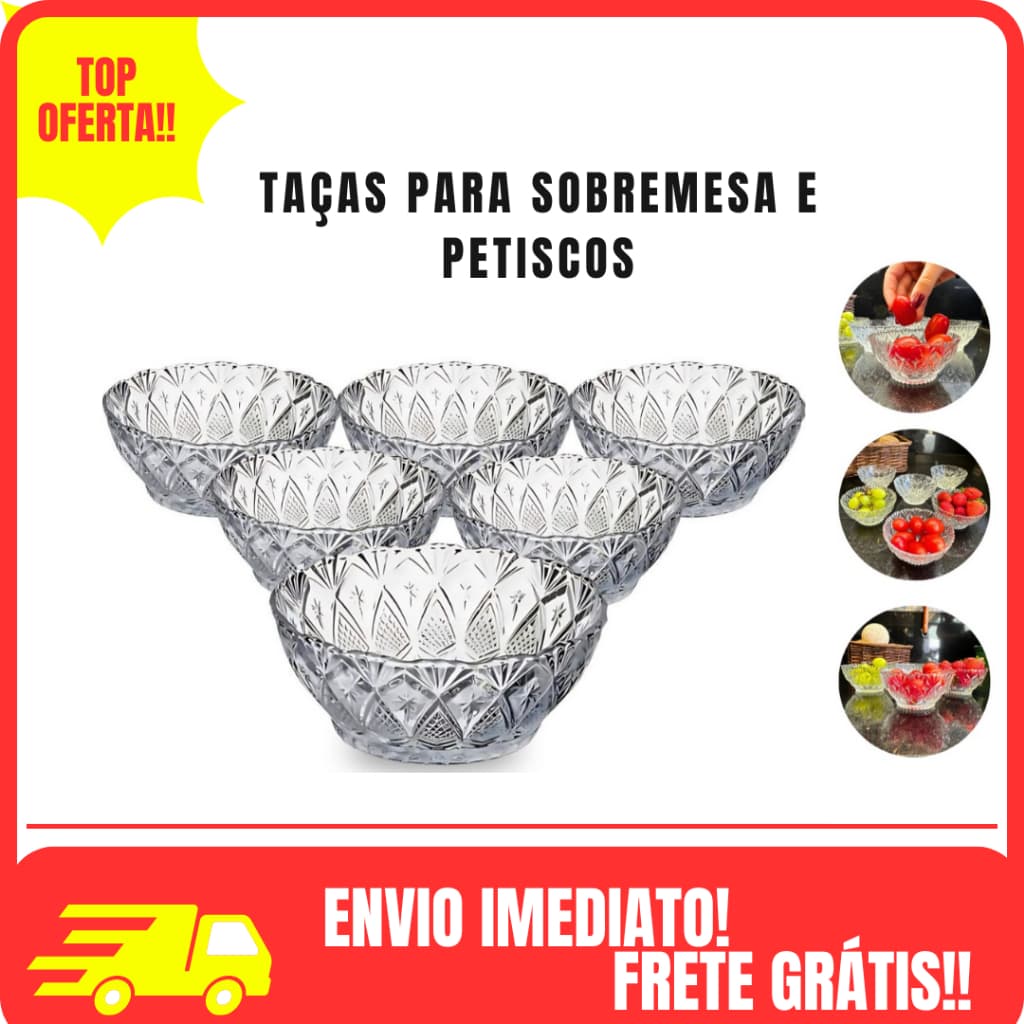 Jogo De Sobremesa de Taças Tigela Bowl 6 ou 12 Peças Em Vidro Desenhado Pote Para Doces Saladas Sorvete Açai Aperitivos