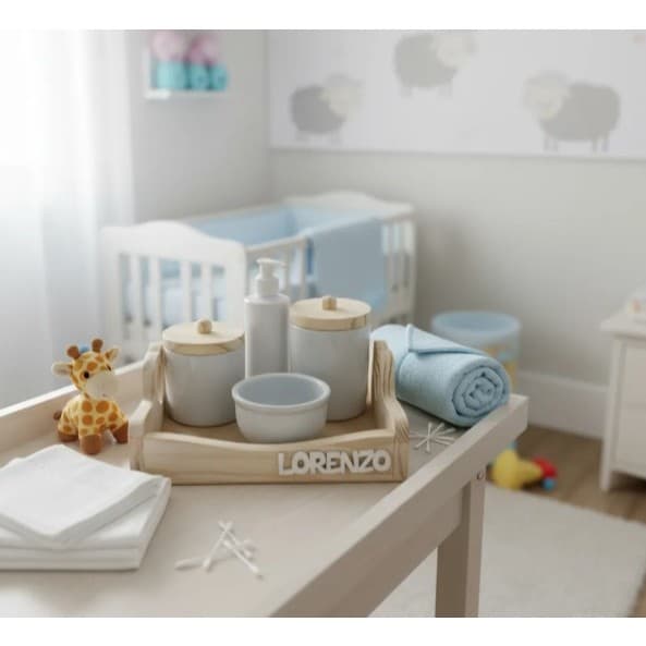 Kit Higiene Bebê Nome Personalizado Pote Bandeja Madeira