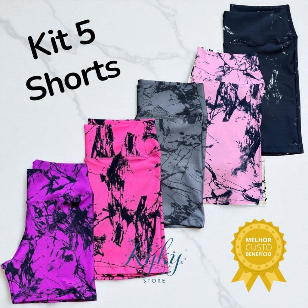 Kit 5 Shorts Cintura Alta Feminino Fitness Marmorizado Roupa Academia  Zero Transparencia Shortinho