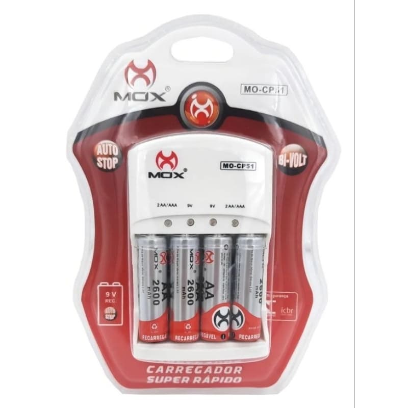 CARREGADOR DE PILHAS BIVOLTZ  MO-CP51 + 4 PILHAS AA