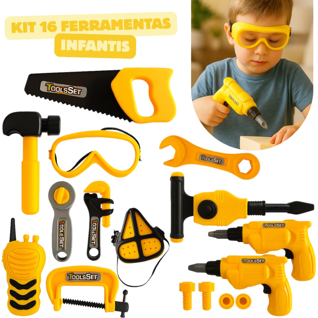 Kit de Ferramentas Infantil 16 Peças – Brinquedo Educativo Mini Construtor Divertido