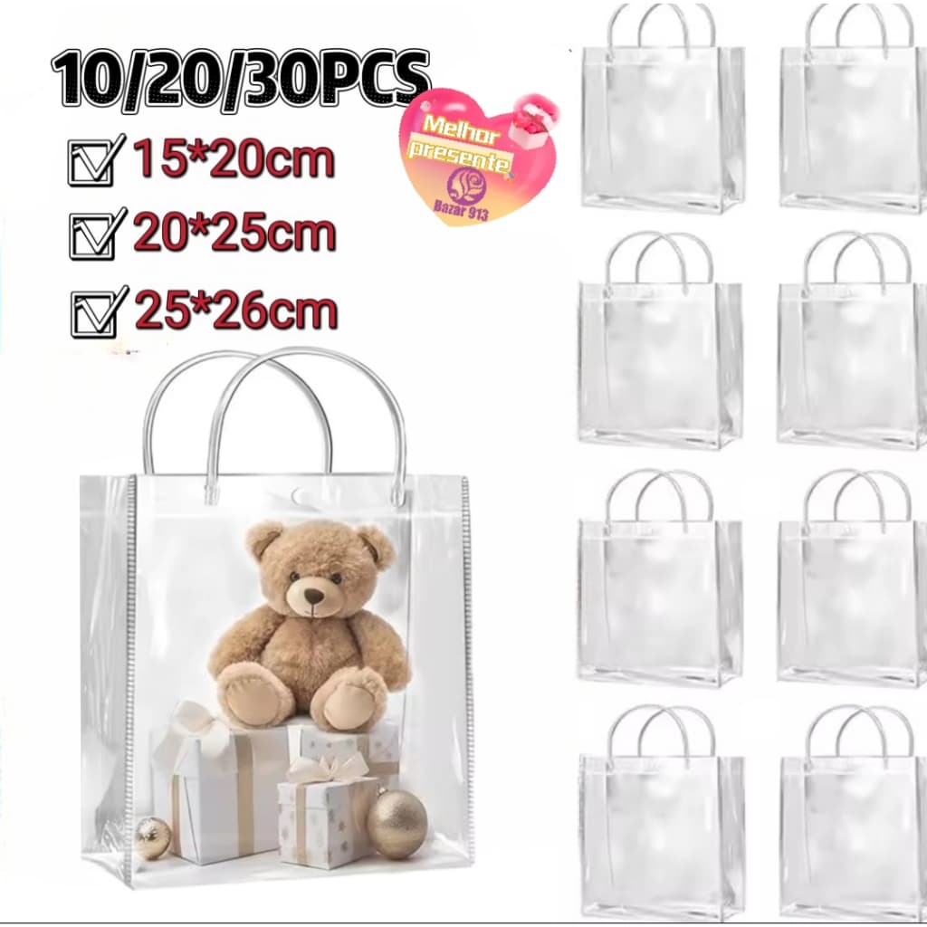 Kit 30 /20/10 sacos de presente lembrança de plástico transparente reutilizável festa e sacola de praias