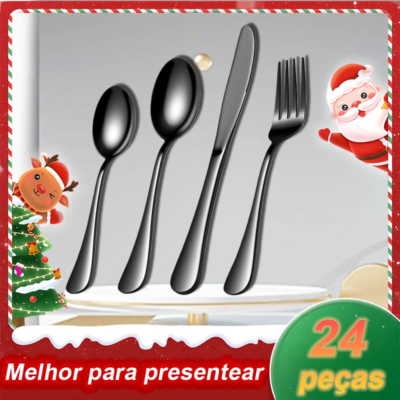 Kit 24 Jogo De Talheres Para Bife Aço Inoxidável 416 Preto Com Colher Pequena