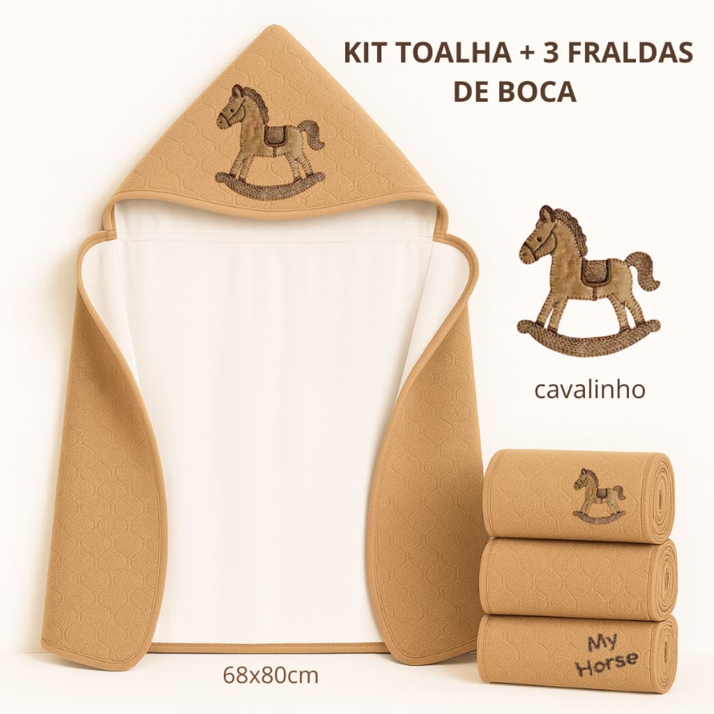 Toalha de Banho Fralda com Capuz Atoalhadae 3 Fraldas de Boca Babinha Enxoval  Cavalinho  Menino