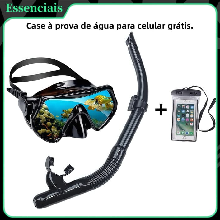 Kit Máscara Mergulho Snorkel Óculos Respirador Profissional Adulto Praia Piscina Ajustável Silicone+Celular case