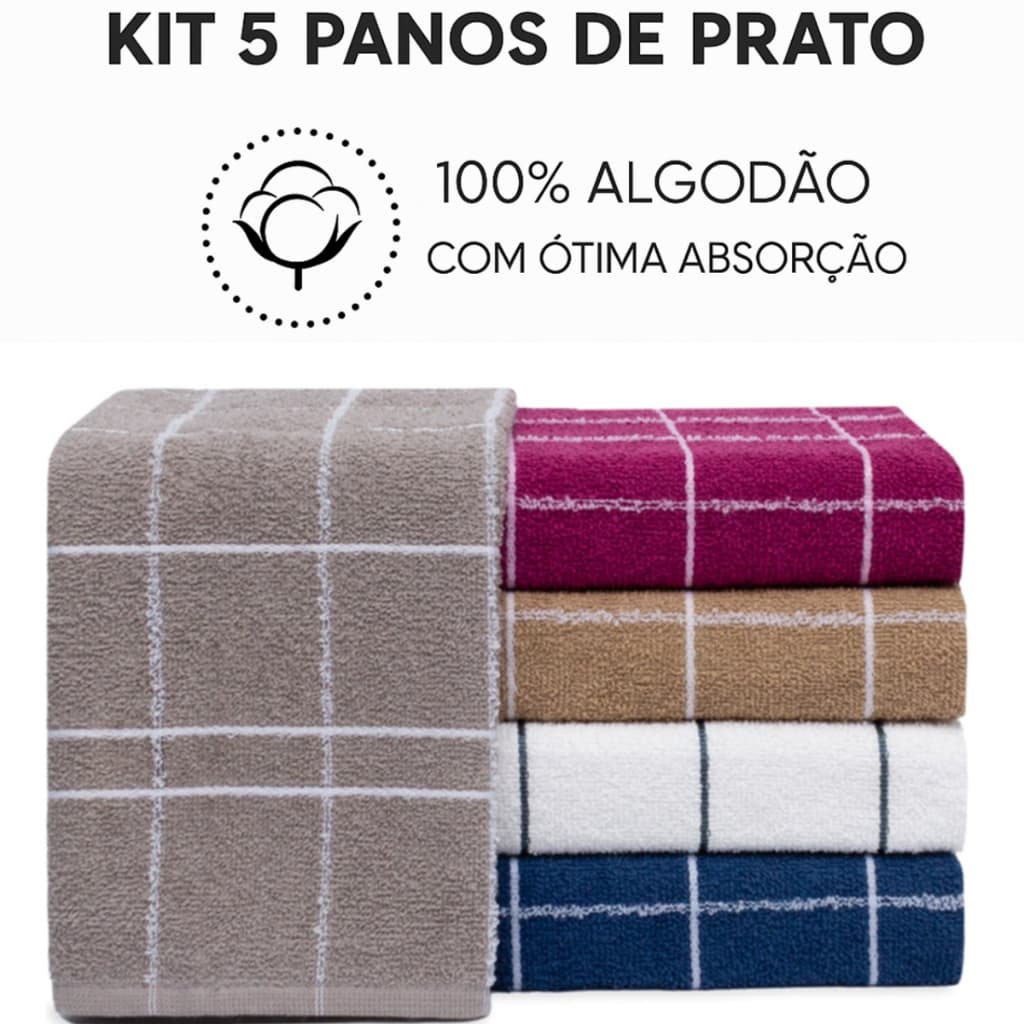 Kit 5 Panos de Prato Felpudo Liso Xadrez 100% Algodão Premium Macio Grande Alta Absorção