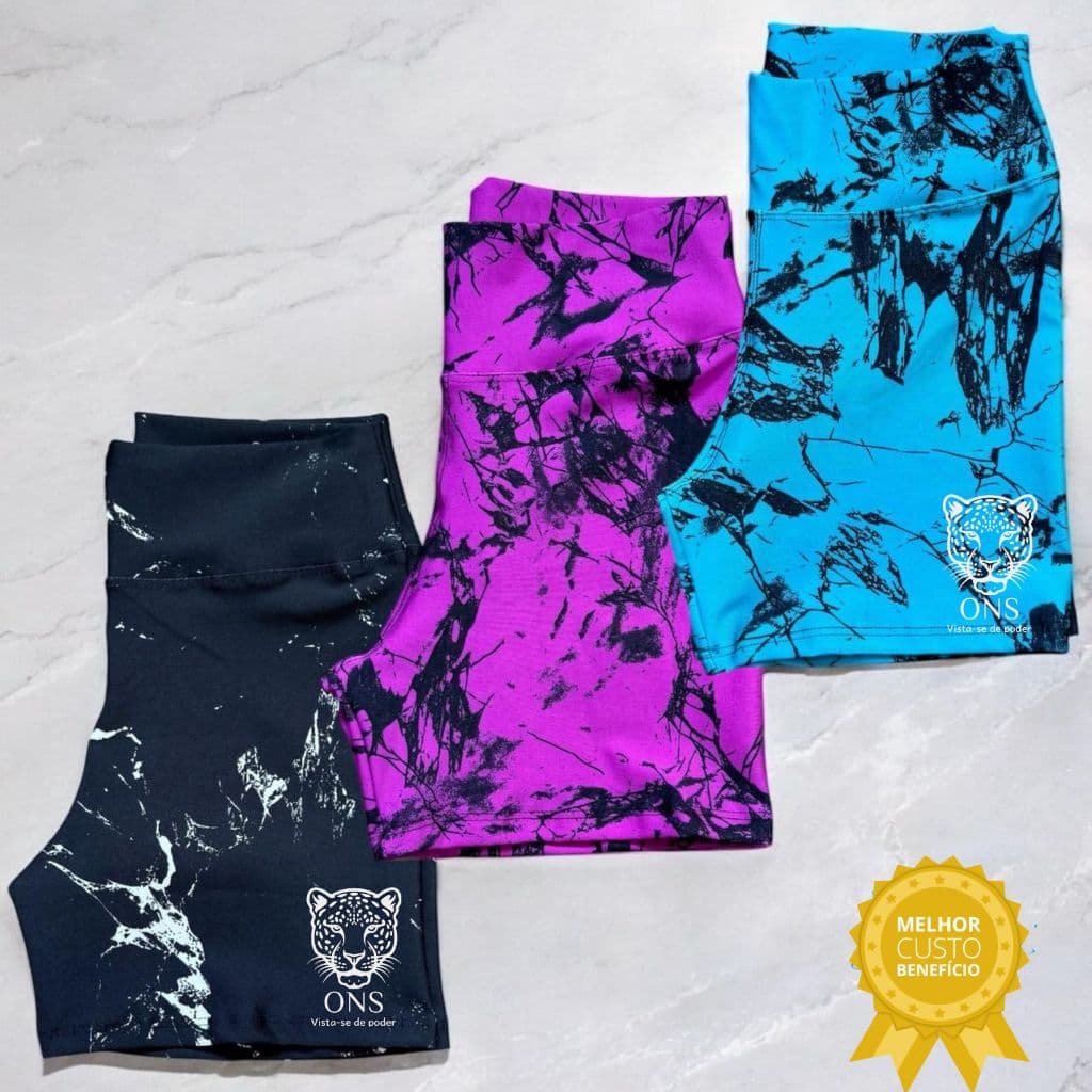 Kit 3 Shorts Marmorizado Roupa Academia Cintura Alta Feminino Tie Dye Zero Transparencia Bermuda