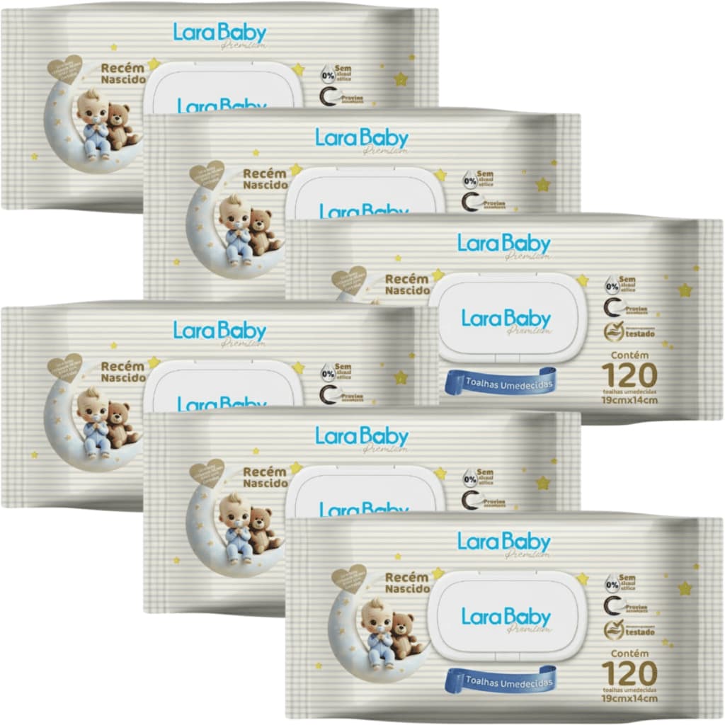 Kit C/6 Lenço Umedecido Lara Baby Premium Recém Nascido RN 120 Unidades Total 720